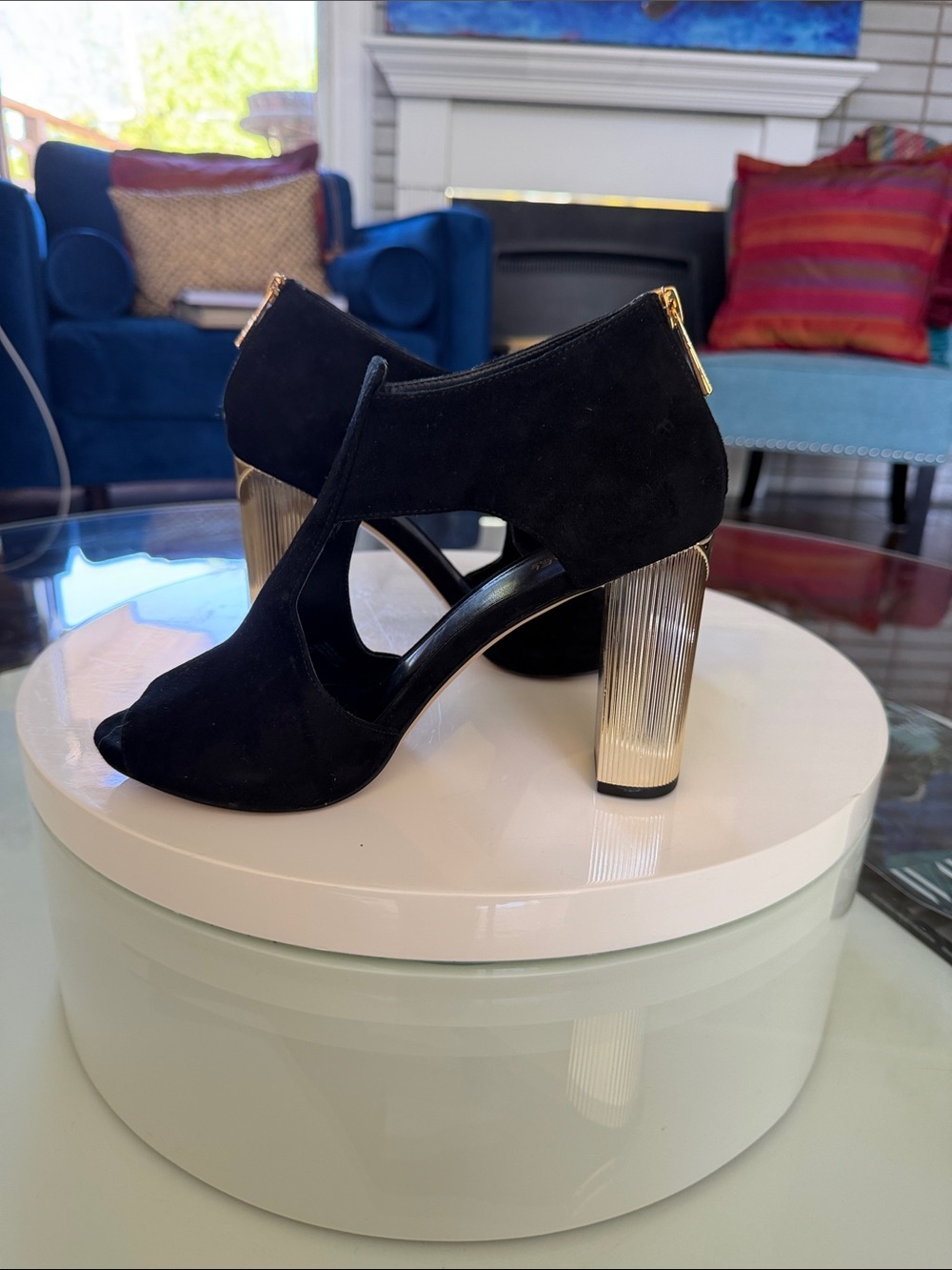 Michael Kors Black Suede Peep-Toe Cutout Block Heels with Gold Ribbed Heel